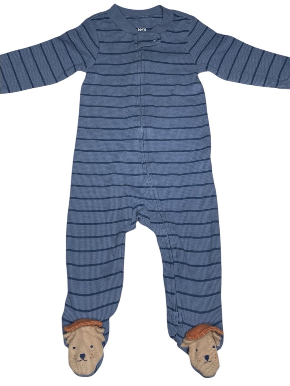 Carter’s Baby Boy Blue Striped Waffle Knit Footed Sleeper Pajamas 3D Bear 9M